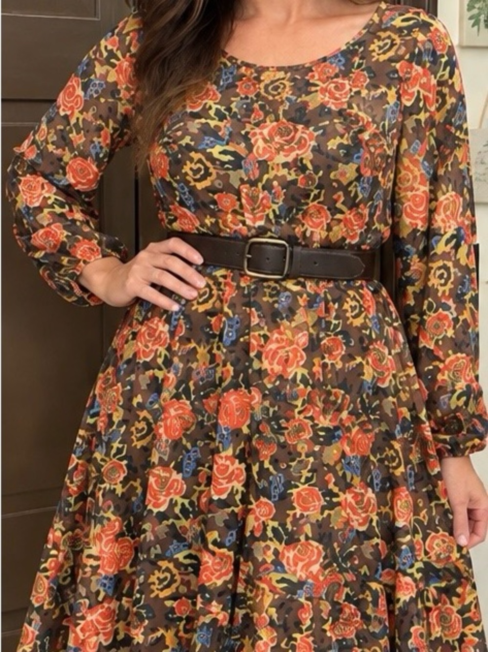 Banana Republic Floral Fit & Flare Dress Belted Long Sleeve Multicolor